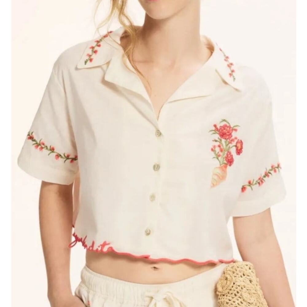 Agua Bendita Itsy Nascar Top Floral Embroidered Cropped  Off White Large